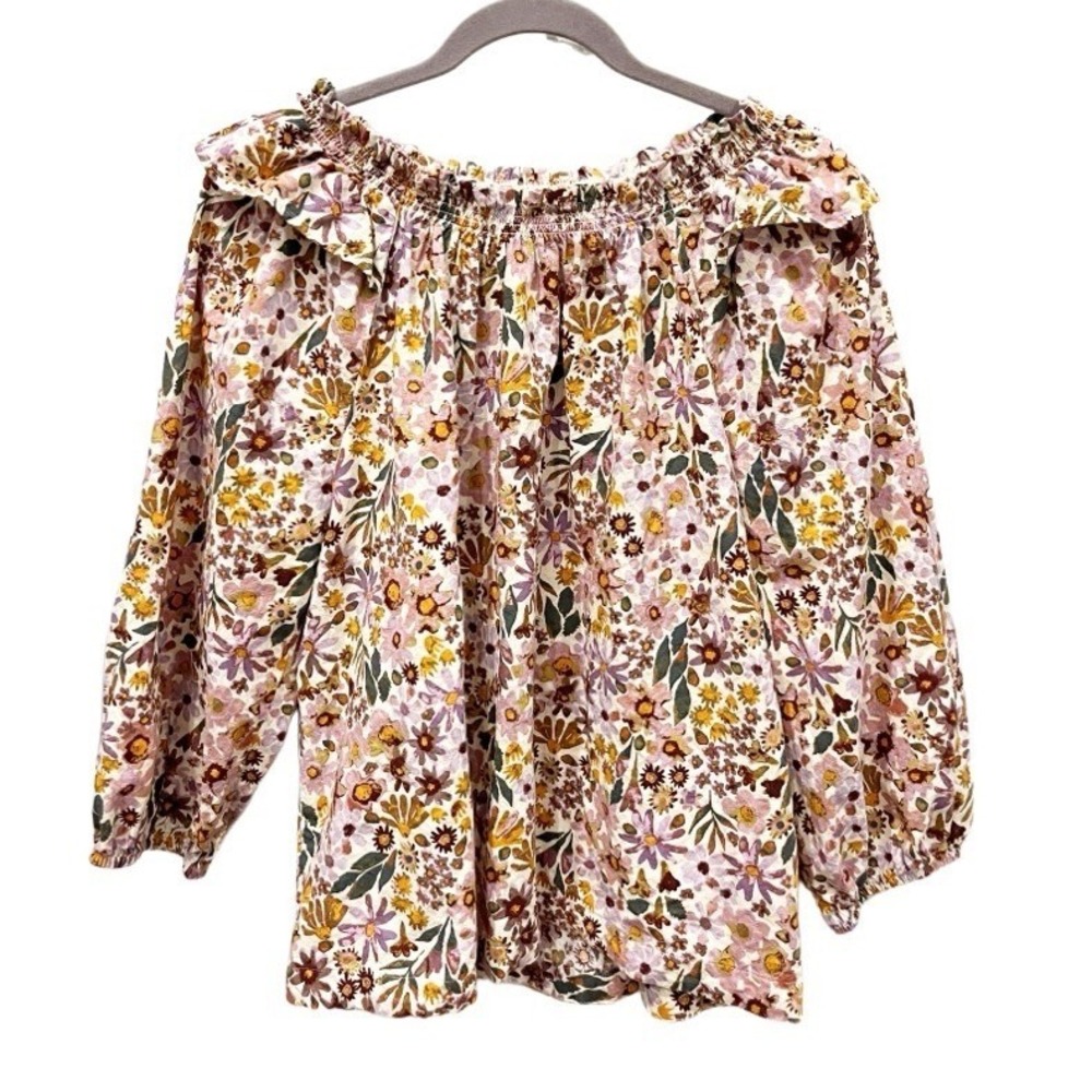 Sonoma Goods For Life Floral Smocked Off Shoulder Blouse XL Pink Mustard Cotton